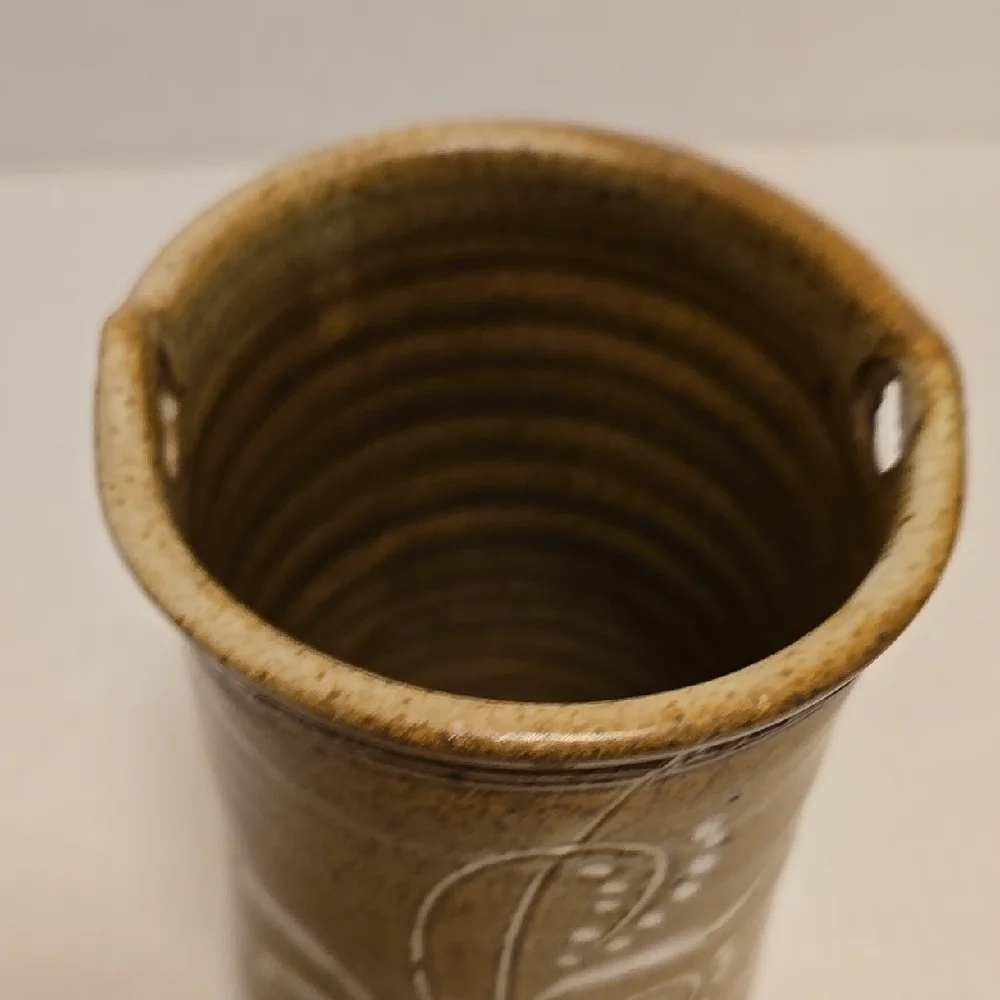 Brown Signed Pottery Vase with White Floral Design